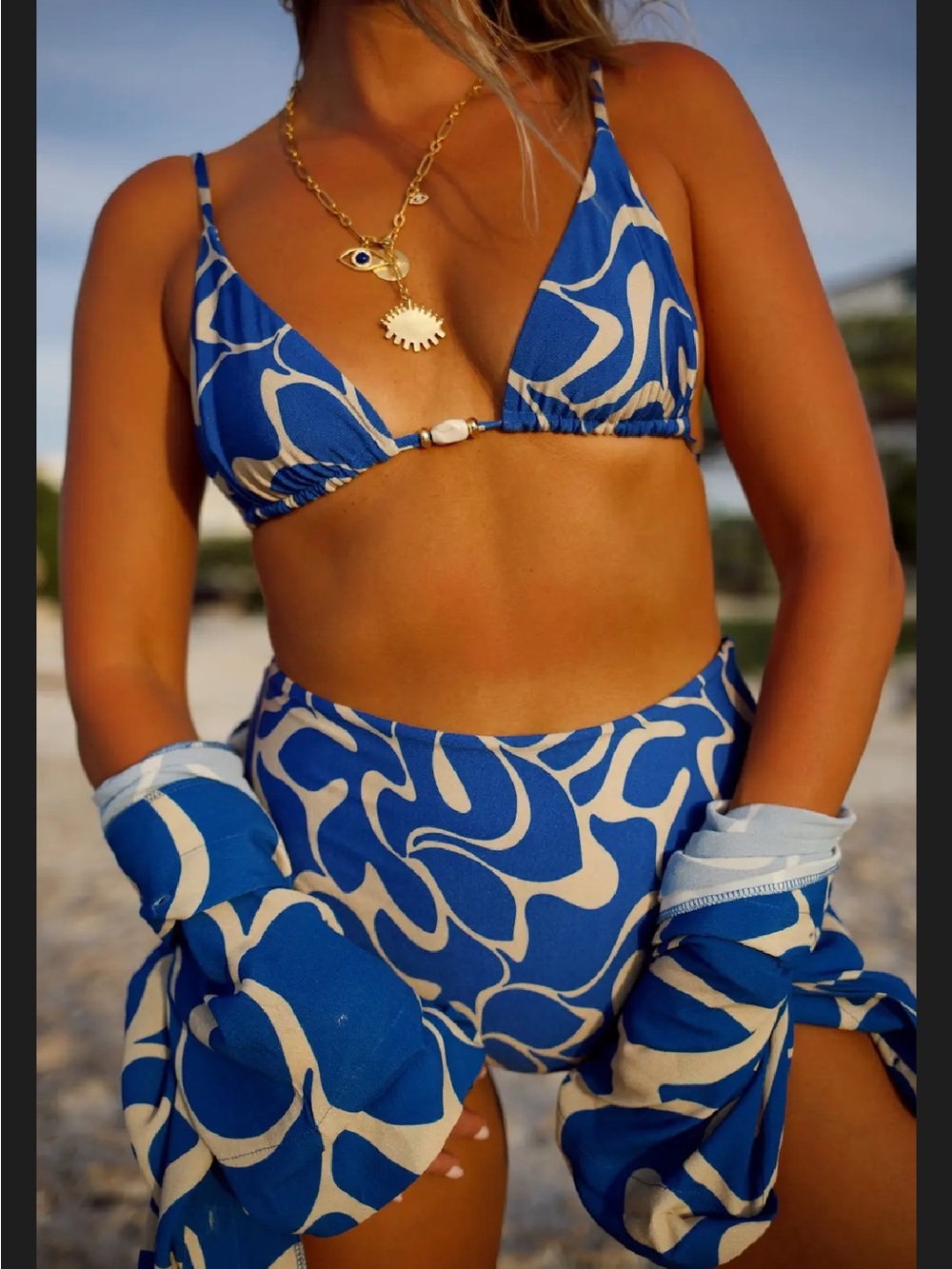Blue Abstract-Print High-Waist Bikini Set